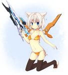  animal_ears bad_id bad_pixiv_id bare_shoulders bikini black_legwear blue_eyes blush cat_ears fuuen_(akagaminanoka) gun kneeling light_smile looking_at_viewer phantasy_star phantasy_star_online_2 short_hair side-tie_bikini smile solo swimsuit thighhighs weapon white_background 