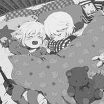  1girl androgynous blanket book child furutachirikonbu greyscale guitar instrument lowres monochrome open_mouth pajamas pillow pillow_hug short_hair siblings sleeping stuffed_animal stuffed_bunny stuffed_toy teddy_bear turtle umineko_no_naku_koro_ni ushiromiya_jessica ushiromiya_lion younger 