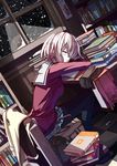  1girl bag blue_legwear book bookshelf chair dutch_angle gloves gloves_removed highres jacket jacket_removed library original pantyhose pink_hair sailor_collar school_uniform sleeping solo sunlight 