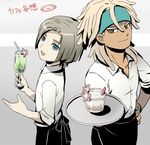  asta_(inazuma_eleven) drinking_straw glass hairlocs headband inazuma_eleven_(series) inazuma_eleven_go inazuma_eleven_go_vs_danball_senki_w male_focus mizuhara_aki multiple_boys san_(inazuma_eleven) standing tray waiter 