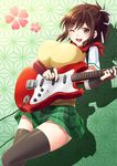  ;d aoi_usagi asa_no_ha_(pattern) asuka_(senran_kagura) bad_id bad_pixiv_id black_legwear breast_press breasts brown_eyes brown_hair electric_guitar gauntlets guitar hair_ribbon huge_breasts instrument music one_eye_closed open_mouth playing_instrument plectrum ponytail ribbon senran_kagura senran_kagura_shoujo-tachi_no_shin'ei shadow skirt smile solo sweater_vest thighhighs 