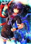  asymmetrical_wings black_dress bow dress fuuna_(conclusion) highres houjuu_nue looking_at_viewer polearm purple_hair purple_legwear red_eyes short_sleeves smile snake solo space star thighhighs touhou trident weapon wings wristband zettai_ryouiki 
