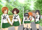  ahoge aki_(d071026m) akiyama_yukari bad_id bad_pixiv_id bangs black_hair black_legwear blouse blunt_bangs blush brown_eyes brown_hair closed_eyes girls_und_panzer green_skirt hairband highres holding_hands isuzu_hana kneehighs long_hair long_sleeves miniskirt multiple_girls neckerchief nishizumi_miho ooarai_school_uniform orange_eyes orange_hair pleated_skirt reizei_mako school_uniform serafuku short_hair skirt sleepy smile takebe_saori white_blouse 