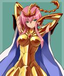  arai_nobu armor cape green_background green_eyes long_hair pink_hair saint_seiya saint_seiya_omega scorpio_sonia solo spoilers 