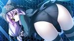  1girl against_fence against_wall arisa_suou ass bent_over eyepatch fence game_cg outdoors panties purple_hair skirt solo soukoku_no_arterial thighhighs underwear yakuri 