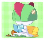  :&lt; bandaid book checkered checkered_background chocolate chocolate_heart cup full_body green_background heart holding holding_book no_humans pillow plaid plaid_background plate pokemon pokemon_(game) pokemon_rse quartette ralts reading sitting solo studying transparent_background watermark web_address 
