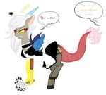  annoyed chimera clothing crossgender dialog discord_(mlp) draconequus dragon english_text feather_duster female feral friendship_is_magic hair hybrid jaquelindreamz looking_back maid maid_uniform my_little_pony solo text white_hair wings 