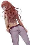  ass brown_eyes brown_hair brown_shirt closed_mouth dutch_angle from_behind grey_pants hand_on_hip long_hair long_sleeves looking_at_viewer looking_back mugino_shizuri nanao_(mahaya) pants shiny shiny_hair shirt simple_background solo to_aru_kagaku_no_railgun to_aru_majutsu_no_index wavy_hair white_background 