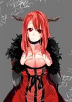  blush breast_suppress breasts brown_hair choker cleavage demon_girl dress fur_trim highres horns large_breasts long_hair looking_at_viewer maou_(maoyuu) maoyuu_maou_yuusha red_eyes red_hair s040784 solo 