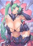  boots breasts cameltoe cleavage comic_unreal covered_nipples crown detached_collar elbow_gloves fingerless_gloves gloves green_eyes green_hair highres huge_breasts jewelry kneeling laces mogudan smile solo thigh_boots thighhighs 