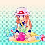  blue_(pokemon) bulbasaur gen_1_pokemon hat long_hair numata oddish orange_eyes orange_hair petting pokemon pokemon_(creature) pokemon_(game) pokemon_frlg porkpie_hat sitting skirt 