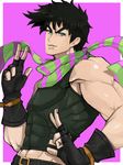  1boy belt black_hair clothed_navel colorful fingerless_gloves gloves green_eyes highres jojo_no_kimyou_na_bouken joseph_joestar_(young) madarame male male_focus navel pink_background scarf simple_background smile smirk solo standing 