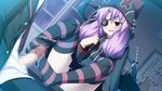  1boy 1girl arisa_suou blush censored eyepatch footjob game_cg indoors penis purple_hair soukoku_no_arterial stockings striped striped_legwear thighhighs yakuri 