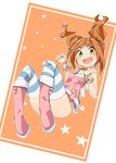  boots border bottomless bracelet brown_hair clenched_hands green_eyes idolmaster idolmaster_(classic) idolmaster_2 jewelry laki legs_folded looking_at_viewer open_mouth pink_diamond_765 pink_footwear solo star starry_background striped striped_legwear takatsuki_yayoi thighhighs wrist_cuffs 