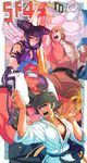  3boys bare_shoulders barefoot black_hair blonde_hair bracelet choker detached_sleeves dougi drill_hair dudou fighting_stance fingerless_gloves gloves gouken hakan halter_top halterneck han_juri jewelry ken_masters makoto_(street_fighter) multiple_boys multiple_girls oetarou ribbon_choker shouryuuken sitting_on_shoulder smile spiked_bracelet spikes street_fighter street_fighter_iv_(series) twin_drills uppercut 