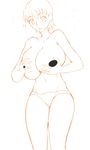  1girl alternate_breast_size blush breast_hold breasts censored cleavage earrings fate/stay_night fate_(series) fujimura_taiga huge_breasts jadf jewelry lineart monochrome navel panties short_hair solo standing stud_earrings topless underwear 