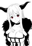  bad_id bad_twitter_id blush breast_suppress breasts choker cleavage demon_girl fur_trim greyscale highres horns jpeg_artifacts kawakami_rokkaku large_breasts looking_at_viewer maou_(maoyuu) maoyuu_maou_yuusha monochrome red_eyes simple_background sketch smile solo spot_color upper_body white_background 