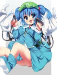  backpack bad_id bad_pixiv_id bag bare_legs blue_eyes blue_hair blush boots extra_arms hair_bobbles hair_ornament hat kawashiro_nitori key long_sleeves open_mouth short_hair short_twintails skirt skirt_set smile solo takashiru touhou twintails two_side_up 