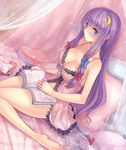  artist_name babydoll barefoot bed blue_eyes blush book bow breasts cleavage condom condom_wrapper covered_nipples crescent crescent_hair_ornament hair_bow hair_ornament heart heart_pillow large_breasts legs lingerie long_hair long_legs navel negligee patchouli_knowledge pillow purple_hair reading sitting solo touhou underwear underwear_only walzrj wariza 