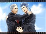  archer bad_id bad_pixiv_id blue_hair carrying dark_skin dark_skinned_male dated earrings fate/stay_night fate_(series) film_border film_strip formal grey_eyes jewelry lancer long_hair mitsuki_mitsuno multiple_boys necktie ponytail princess_carry red_eyes suit white_hair 