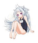  barefoot hairband kuki_monshiro long_hair maji_de_watashi_ni_koi_shinasai! maji_de_watashi_ni_koi_shinasai!_s name_tag one-piece_swimsuit purple_eyes school_swimsuit sitting smile solo sumeragi_hamao swimsuit white_hair 