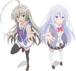  :d ahoge black_legwear blazer blue_eyes blush bow company_connection cosplay costume_switch crossover full_body ga_bunko green_eyes haiyore!_nyaruko-san huge_ahoge jacket loafers long_hair multiple_girls natsukawa_masuzu nyarlathotep_(nyaruko-san) official_art open_mouth ore_no_kanojo_to_osananajimi_ga_shuraba_sugiru outstretched_arm outstretched_hand school_uniform shirt shoes silver_hair skirt smile thighhighs transparent_background very_long_hair white_legwear zettai_ryouiki 