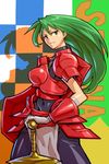  armor banned_artist breastplate elbow_gloves faulds gloves green_eyes green_hair guardian_heroes kamiomutsu knight leotard long_hair pauldrons serena_corsair shield solo sword vambraces weapon 