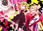  :3 :d abstract bad_id bad_pixiv_id black_legwear blonde_hair goggles green_hair gumi hibiya knees_up long_hair looking_at_viewer lying mayu_(vocaloid) multiple_girls on_back open_mouth panties red_eyes smile underwear vocaloid 