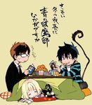  2boys ao_no_exorcist black_hair brothers kazue_kato kotatsu kuro_(ao_no_exorcist) moriyama_shiemi multiple_boys official_art okumura_rin okumura_yukio siblings sleeping table tail under_table 