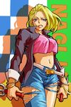  bangle banned_artist belt blonde_hair blue_eyes bracelet breasts denim dual_wielding grimace holding houjou_nagi jacket jeans jewelry kamiomutsu large_breasts last_bronx lipstick makeup md5_mismatch midriff navel open_clothes open_jacket pants reverse_grip sai_(weapon) short_hair solo tank_top torn_clothes torn_jeans torn_pants 