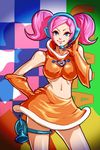  bad_deviantart_id bad_id banned_artist bare_legs bare_shoulders blue_eyes breasts contrapposto crop_top elbow_gloves elbow_pads energy_gun gloves hand_on_hip headset kamiomutsu large_breasts latex latex_gloves midriff navel pink_hair ray_gun short_twintails smile solo space_channel_5 standing thigh_strap twintails ulala weapon 