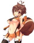  ahoge animal_ears bad_id bad_pixiv_id banana_(hirane1988) black_legwear blazblue breasts brown_eyes brown_hair clenched_hands gloves large_breasts makoto_nanaya midriff miniskirt navel orange_skirt revealing_clothes short_hair simple_background skirt smile solo squirrel_ears squirrel_tail tail thighhighs underboob white_background 