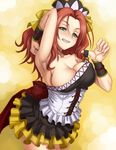  areola_slip areolae arm_up armpits bare_shoulders bracelet breasts cleavage green_eyes grin highres jewelry kouryuuji_mii large_breasts looking_at_viewer project_x_zone puffy_nipples red_hair shunzou skirt smile solo 