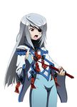  ahoge blazblue bridal_gauntlets cape cosplay crotch_plate drawfag eyepatch flat_chest highres huge_ahoge infinite_stratos laura_bodewig long_hair nu-13 nu-13_(cosplay) ofuda open_mouth red_eyes riding_crop silver_hair solo unitard very_long_hair 