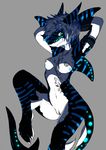  anthro arms_behind_head black_skin blue_eyes blue_hair blue_skin breasts claws female fish glowing grey_background grey_nipples hair hi_res hindpaw horn looking_at_viewer marine mirapony navel nipples paws plain_background pose pussy shark short_hair smile solo spots thighs white_skin 