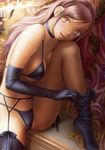  black_bra black_legwear black_panties bra breast_press breasts brown_hair choker collarbone elbow_gloves garter_belt gloves head_tilt highres lamp large_breasts long_hair looking_at_viewer navel no_shoes open_mouth panties saikin_kono_sekai_wa_watashi_dake_no_mono_ni_narimashita sideboob sitting smile solo thighhighs underboob underwear underwear_only yellow_eyes yui_toshiki 