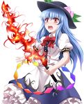  absurdres apron bad_id bad_pixiv_id blue_hair bow dress e.o. fire food frills fruit hat highres hinanawi_tenshi long_hair peach red_eyes solo sword sword_of_hisou touhou weapon white_background 