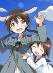  animal_ears blush breasts brown_hair closed_eyes cloud day gertrud_barkhorn highres long_hair long_sleeves medium_breasts military military_uniform miyafuji_yoshika multiple_girls ribbon school_uniform short_hair sky strike_witches tickling tokiani twintails uniform world_witches_series yellow_eyes 