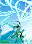  absurdres aqua_eyes aqua_hair armor arms_up bad_id bad_pixiv_id character_name gauntlets glowing highres huge_weapon long_hair solo sword vividgreen vividred_operation weapon yukirayzi 