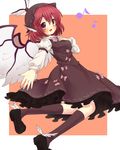  animal_ears blush breasts dress fang hand_on_own_chest highres kneehighs long_sleeves medium_breasts music musical_note mystia_lorelei open_mouth outstretched_arm outstretched_hand red_eyes red_hair sailor_antei shoes short_hair simple_background singing solo touhou winged_hat winged_shoes wings 