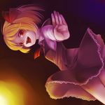 ascot blonde_hair dutch_angle fangs hair_ribbon konnyaku_(kk-monmon) open_mouth outstretched_arm outstretched_hand red_eyes ribbon rumia short_hair skirt skirt_set smile solo touhou 
