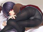  :/ ahoge ass bed black_hair black_legwear highres latale liz_(latale) looking_at_viewer lying on_side panties panties_under_pantyhose pantyhose purple_hair red_eyes shiny shiny_clothes skirt solo thighband_pantyhose trefoil underwear zi_(mumei) 
