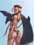  ass back bare_shoulders beret bikini blonde_hair blue_eyes braid breasts cammy_white covered_nipples dolphin hat highres long_hair looking_back medium_breasts scar sethxzoe shark solo street_fighter swimsuit trefoil twin_braids very_long_hair 