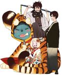  2boys animal_costume animal_print ao_no_exorcist brothers closed_eyes japanese_clothes katana kazue_kato kuro_(ao_no_exorcist) moriyama_shiemi multiple_boys official_art okumura_rin okumura_yukio siblings smile sword tiger_costume tiger_print weapon 