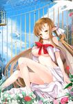  asuna_(sao) bird blush bow breasts brown_eyes brown_hair flower fuyouchu large_breasts legs long_hair long_legs looking_at_viewer pointy_ears solo sword_art_online titania_(sao) underboob 
