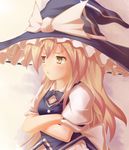  :t blonde_hair bow bowtie buttons crossed_arms gradient gradient_background hat hat_ribbon highres kirisame_marisa long_hair looking_away matamataro pout puffy_short_sleeves puffy_sleeves ribbon short_sleeves solo touhou upper_body vest witch_hat yellow_eyes 