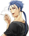  bad_id bad_pixiv_id blue_hair casual cigarette earrings fate/stay_night fate_(series) jewelry lancer long_hair male_focus mitsuki_mitsuno ponytail red_eyes shirt solo t-shirt 