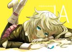  bad_id bad_pixiv_id blonde_hair blue_eyes boots bra feathers ia_(vocaloid) jewelry kanipanda long_hair lying messy_hair on_stomach ring solo tears underwear vocaloid yellow_background 