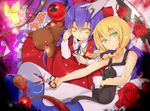  black_cat blonde_hair braid bug butterfly card cat dress ellen_(majo_no_ie) eyeball flower green_eyes insect majo_no_ie multiple_girls playing_card purple_hair rose scissors stuffed_animal stuffed_toy teddy_bear uzukinoko viola_(majo_no_ie) yellow_eyes 