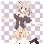  bad_id bad_pixiv_id blush bracelet checkered checkered_background flat_chest flower fuuen_(akagaminanoka) grey_hair hair_bobbles hair_flower hair_ornament jewelry kneeling looking_at_viewer midriff navel open_mouth original red_eyes shoes shorts socks solo 